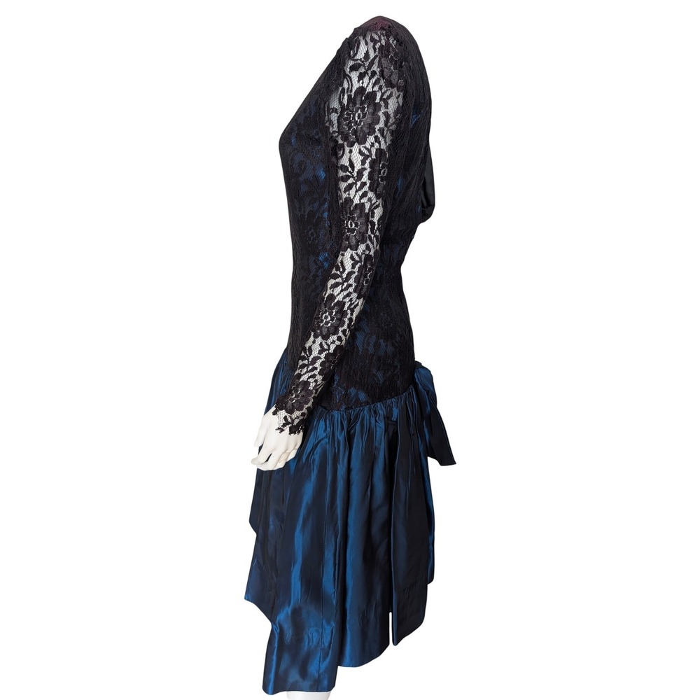 VTG 80s Drop Waist Prom Dress XS Open Back Bow Lace Taffeta Formal‎ Whimsigoth - Picture 4 of 7
